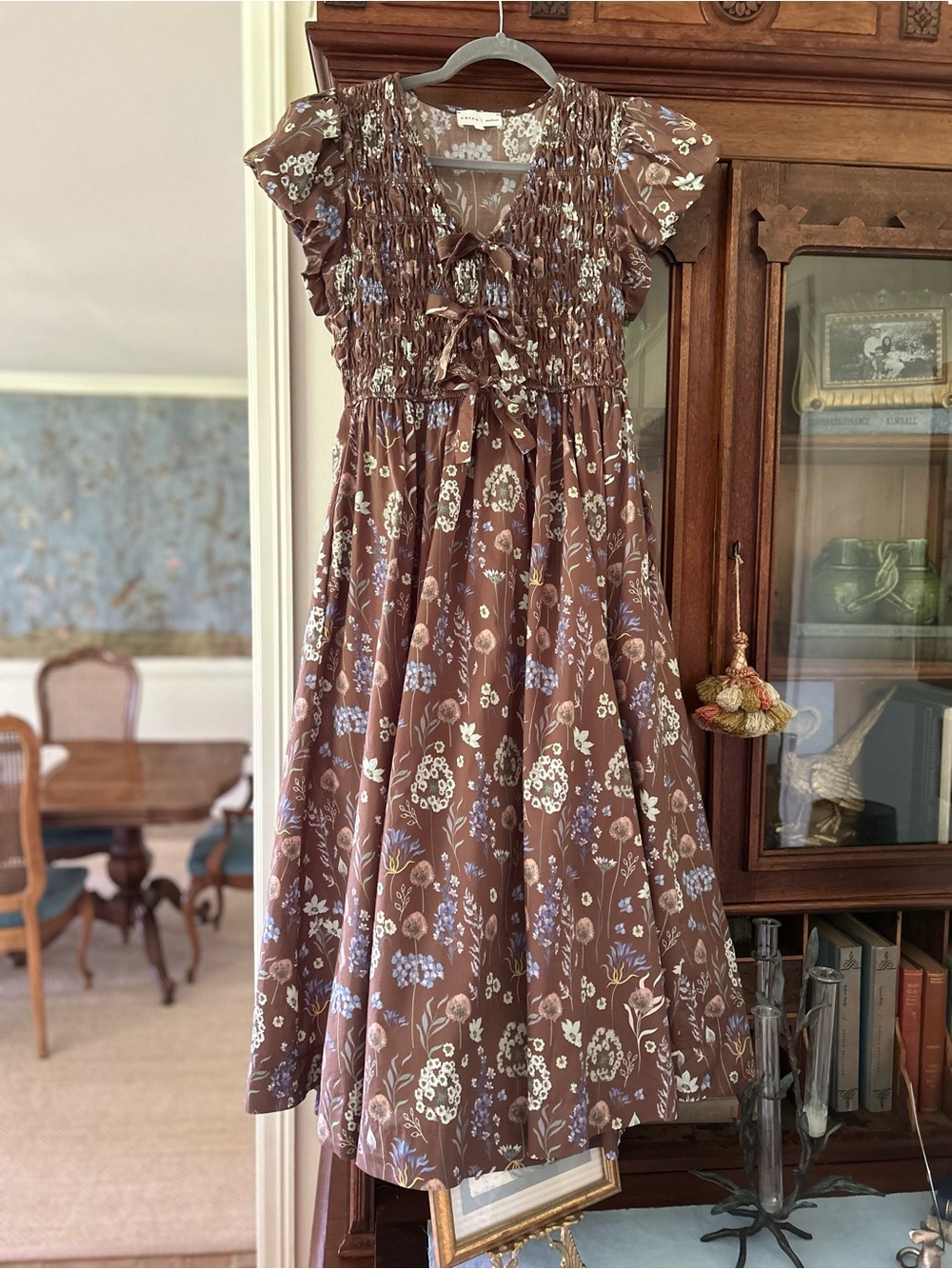 Entro Brown Floral Tie-Front Midi Dress Sz Medium